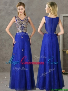 2016 Gorgeous V Neck Appliques and Beading Dama Dress in Royal Blue