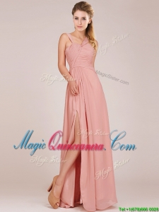 2016 Modern Straps Peach Dama Dress with Ruching and High Slit