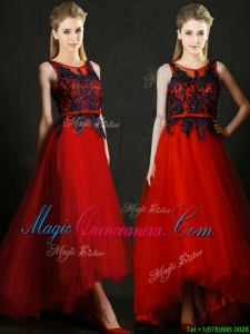 2016 Perfect High Low Belted and Black Applique Dama Dress in Red