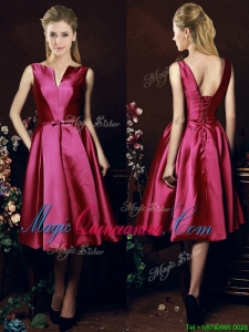 2016 Popular V Neck Knee Length Bowknot Dama Dress in Fuchsia