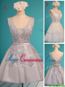 2016 See Through Deep V Neckline Dama Dress with Appliques and Belt