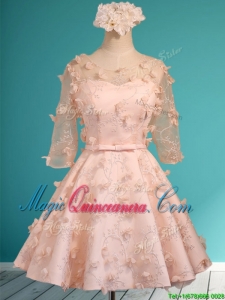 2016 Wonderful Applique and Belted Scoop Short Dama Dress in Peach