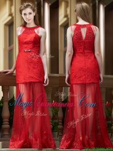 2016 Cheap Belted Red Long Dama Dress in Tulle and Lace