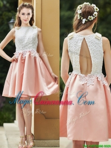 2016 Elegant Bateau Open Back Applique Short Dama Dress in Pink