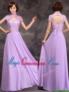 2016 Low Price High Neck Cap Sleeves Lavender Long Dama Dress