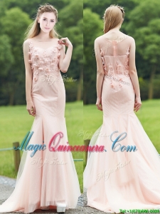 2016 Luxurious See Through Light Pink Mermaid Dama Dress with Brush Train