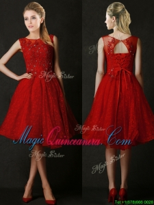 2016 Modest Knee Length Red Dama Dress with Beading and Appliques