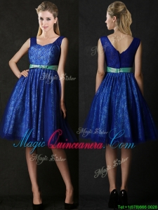 2016 New Arrivals Belted and Laced Blue Dama Dress in Knee Length