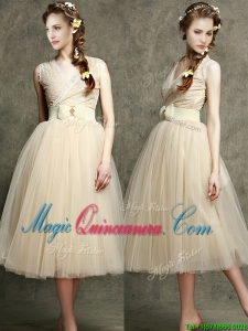 Afforable Champagne V Neck Dama Dress with Belt and Bowknot