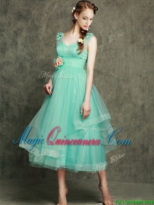 Afforable See Through Straps Dama Dress with Appliques and Hand Made Flowers