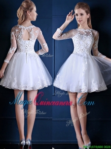 New See Through Scoop Three Fourth Length Sleeves Short Dama Dress in White
