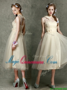 Pretty High Neck Champagne Dama Dress with Lace and Hand Made Flowers