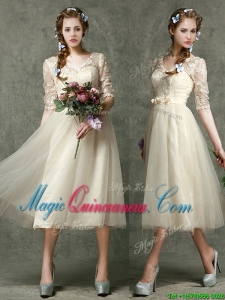 Romantic V Neck Half Sleeves Dama Dress with Lace and Belt