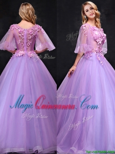 See Through Half Sleeves Bateau Dama Dress with Hand Made Flowers