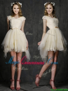 Best V Neck Cap Sleeves Short Dama Dress with Belt and Appliques