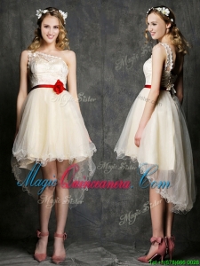 Classical One Shoulder High Low Champagne Dama Dress with Belt and Appliques