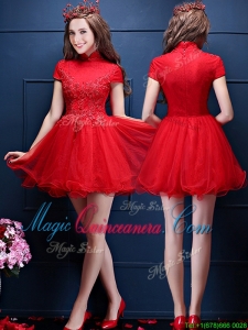 Luxurious High Neck Short Sleeves Dama Dress with Appliques and Beading