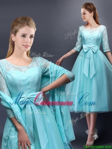 Romantic Aqua Blue Scoop Half Sleeves Dama Dress with Bowknot