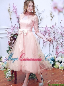 See Through High Neck Half Sleeves Dama Dress with Bowknot