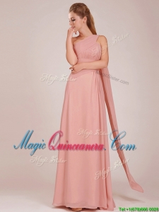 Elegant Empire One Shoulder Ruched Peach Long Dama Dress