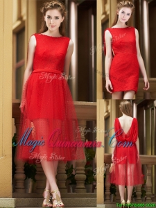 Exclusive Bateau Lace Tea Length Dama Dress in Red