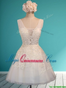 Gorgeous White Deep V Neckline Dama Dress with Appliques and Belt