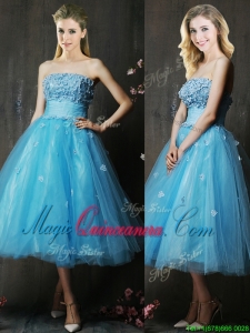 Lovely Strapless Applique Bust Baby Blue Dama Dress in Tea Length