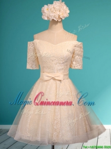 Pretty Off the Shoulder Short Sleeves Champagne Dama Dress with Bowknot