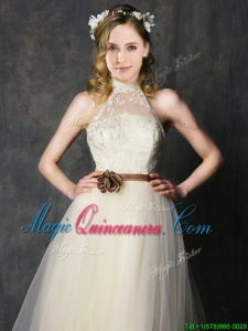 Sweet High Neck Champagne Dama Dress with Hand Made Flowers and Lace