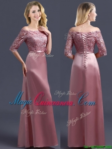 Sweet Off the Shoulder Half Sleeves Dama Dress with Lace and Belt