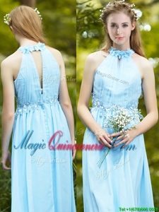 Discount Halter Top Light Blue Dama Dress with Appliques