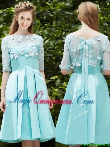 See Through Bateau Half Sleeves Appliques Dama Dress in Apple Green