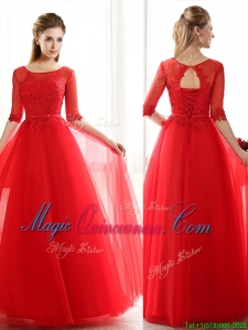 See Through Scoop Half Sleeves Red Dama Dress with Lace and Belt