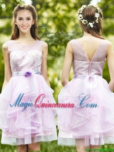 See Through Scoop Short Dama Dress with Sashes and Ruffles