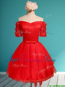 Comfortable Off the Shoulder Short Sleeves Red Dama Dress with Appliques and Belt