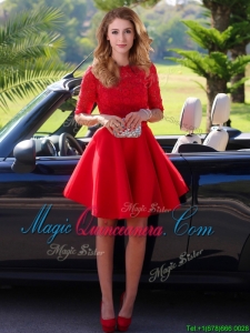 Exquisite Laced Scoop Half Sleeves Dama Dress in Red