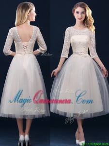 Hot Sale Laced and Applique Champagne Dama Dress in Tea Length