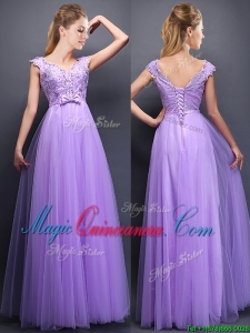 Lovely Beaded and Bowknot V Neck Dama Dress in Lavender