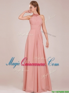 Low Price Halter Top Peach Long Dama Dress in Chiffon