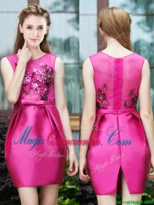 Luxurious Column Scoop Applique Hot Pink Dama Dress in Satin