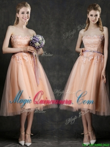 Hot Sale Strapless Peach Dama Dress with Sashes and Lace