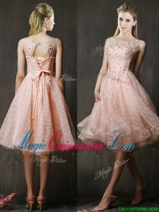 See Through Beaded and Applique Peach Dama Dress with Polka Dot