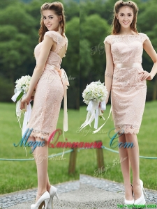 See Through Scoop Cap Sleeves Dama Dress with Sashes