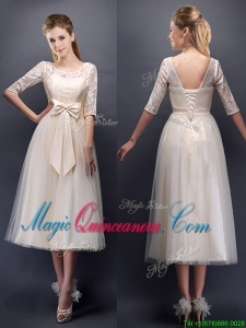 See Through Scoop Half Sleeves Champagne Dama Dress with Bowknot