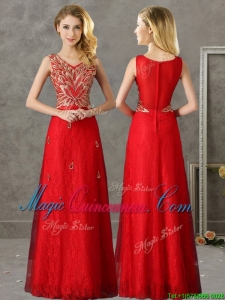 Classical V Neck Red Dama Dress with Appliques and Beading