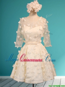 Discount Scoop Half Sleeves Champagne Dama Dress with Appliques and Belt