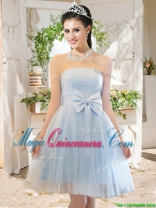 Elegant A Line Strapless Bowknot Short Dama Dress in Light Blue