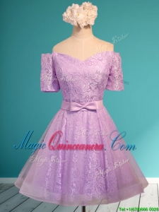 Fashionable Off the Shoulder Short Dama Dress with Bowknot