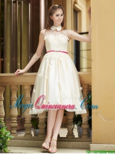 Gorgeous High Neck Champagne Dama Dress with Appliques and Sashes