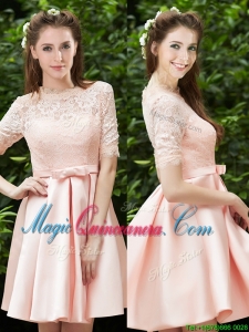 Lovely High Neck Short Sleeves Dama Dress with Lace and Bowknot